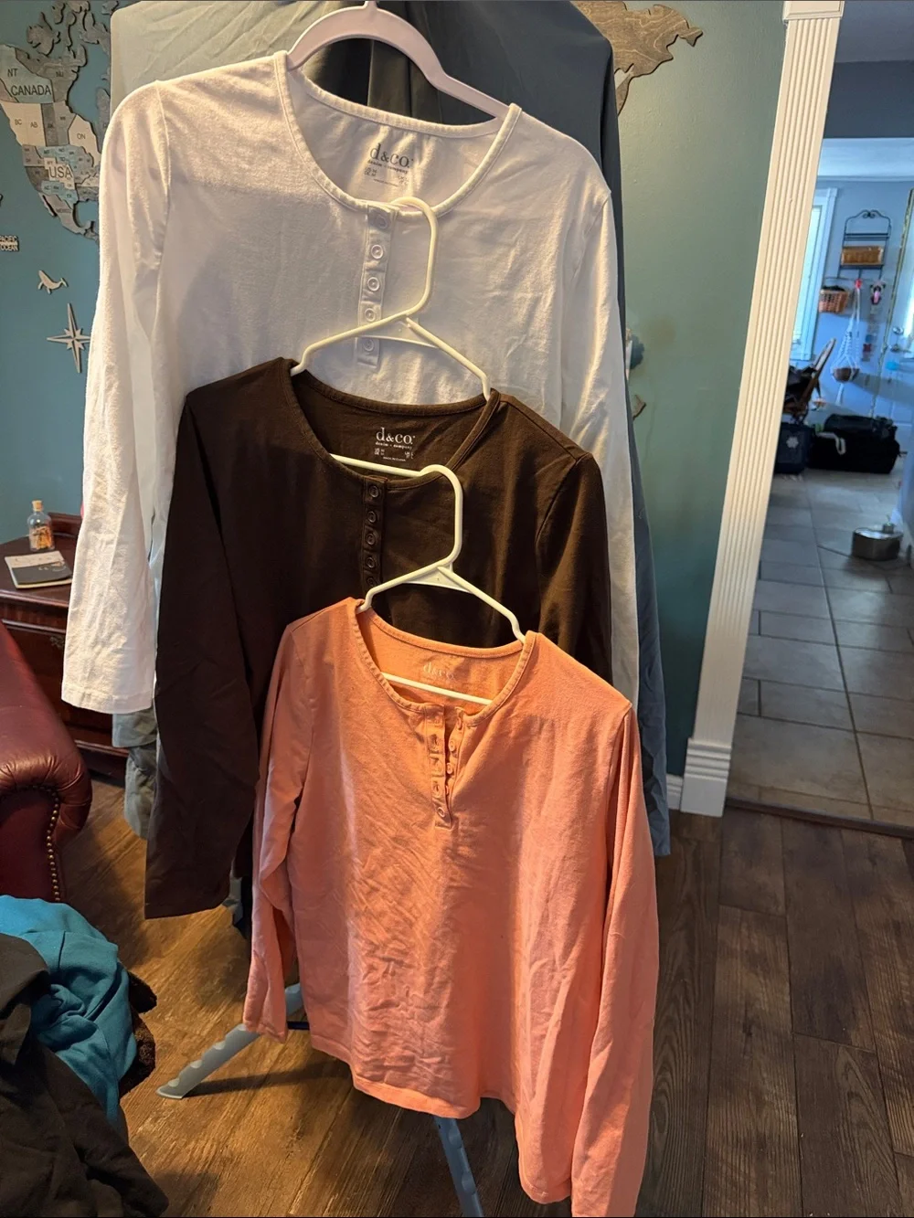 Denim&Co Long-Sleeve Henley women’s Tops in White, Brown, and Peach bundle